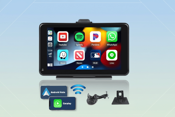 A professional flat design image showing a car display unit with various app icons, along with Android Auto and CarPlay logos , Wi -Fi symbol, and mounting accessories .