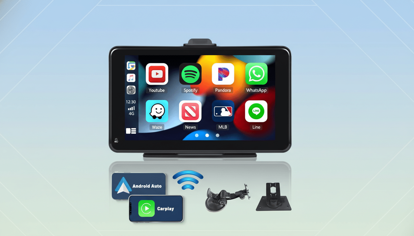 A professional flat design image showing a car display unit with various app icons, along with Android Auto and CarPlay logos , Wi -Fi symbol, and mounting accessories .
