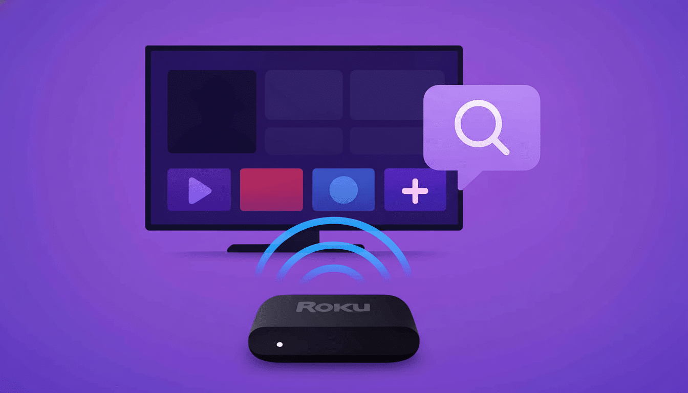 A professional flat design image showing a black Roku device connected wirelessly to a television screen displaying a media interface and a floating search icon in a speech bubble, all against a purple background. Filename : roku devicetv interface. png