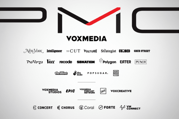 PMC and Vox Media logos above a collection of various media brand logos in black on a white background.