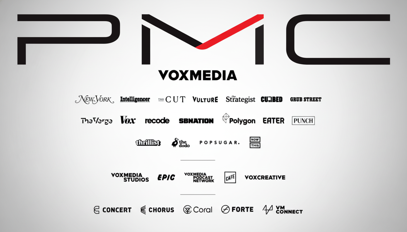 PMC and Vox Media logos above a collection of various media brand logos in black on a white background.