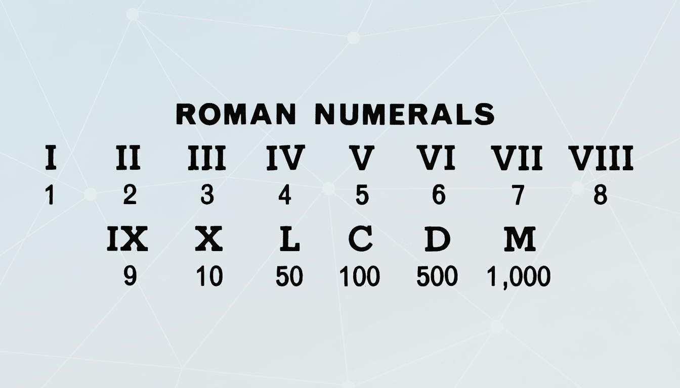 A professional graphic displaying Roman numerals from I to VIII with their corresponding Arabic numbers 1 to 8 , and IX , X, L , C, D , M with their corresponding Arabic numbers 9, 1 0, 5 0, 1 00, 500, and 1, 000, presented on a light blue background with a subtle geometric pattern.