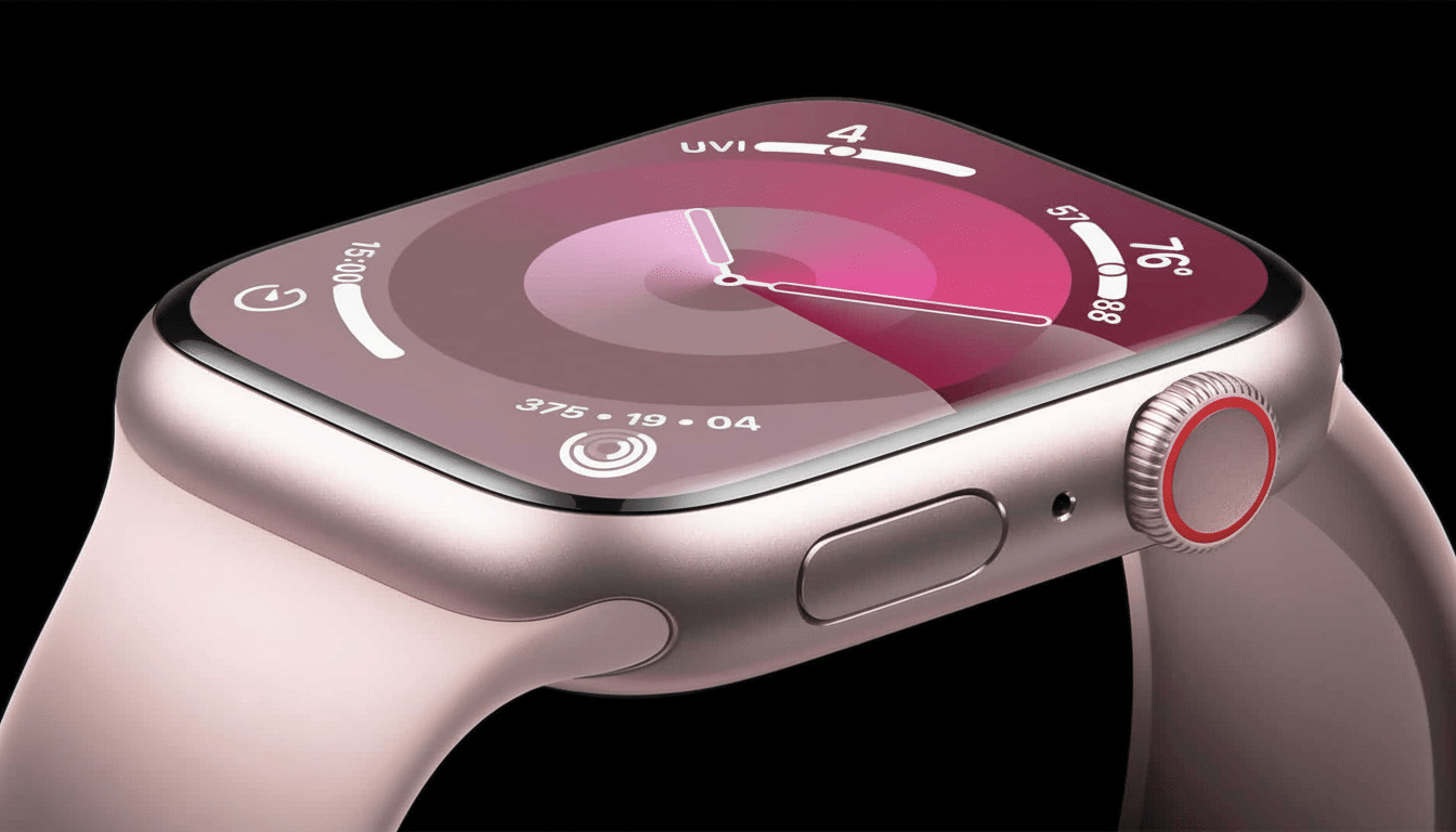 A close -up, high -angle shot of a rose gold Apple Watch with a detailed pink and white watch face, set against a dark background.