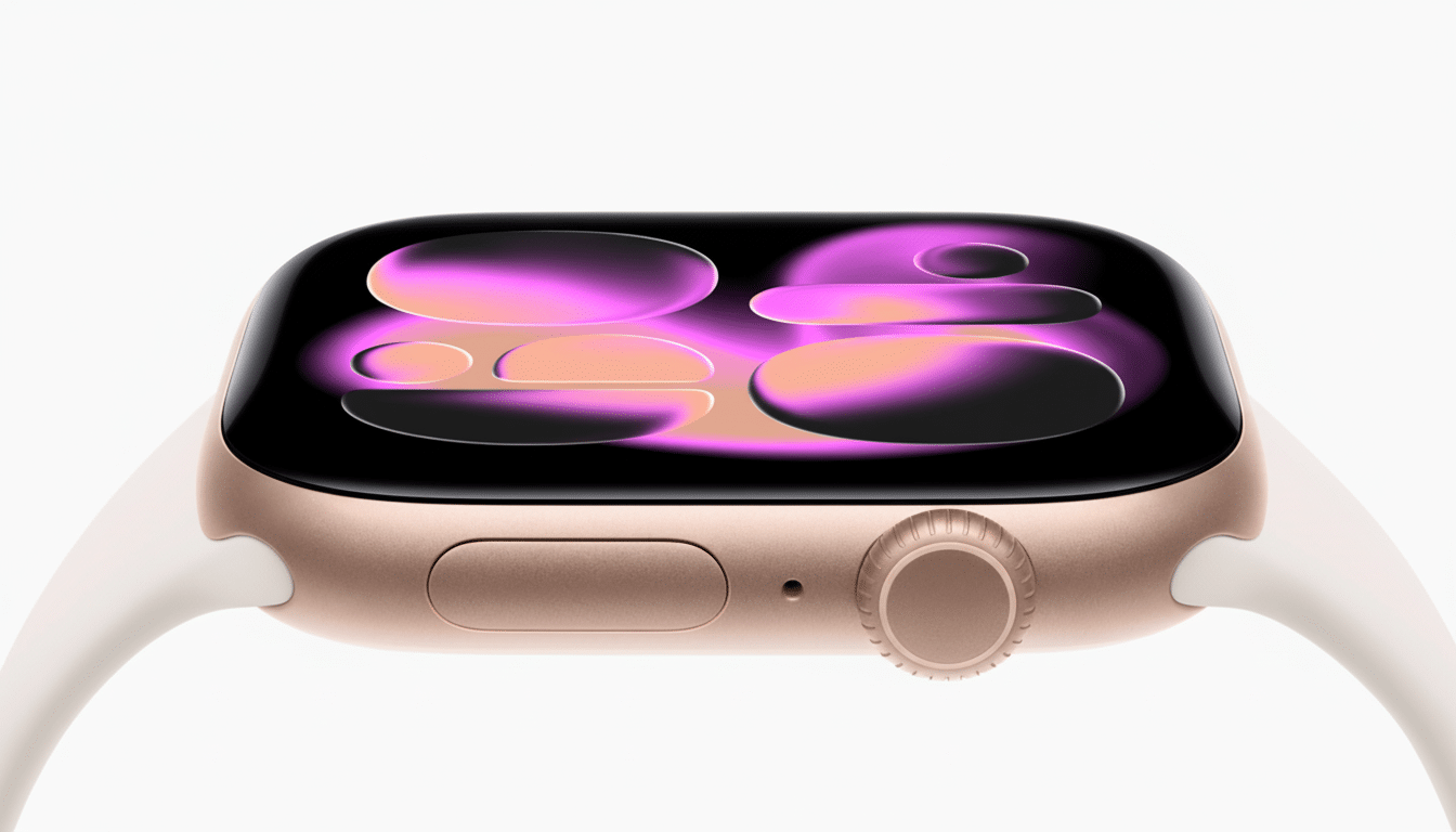 A close-up, eye-level shot of a rose gold Apple Watch with a white band, displaying abstract purple and orange shapes on its screen, against a clean white background.