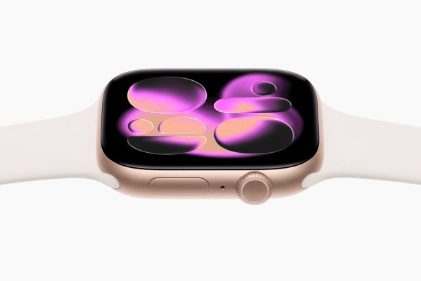 A close -up, high -angle shot of a rose gold Apple Watch with a white band, displaying an abstract pink and purple watch face, set against a clean whi