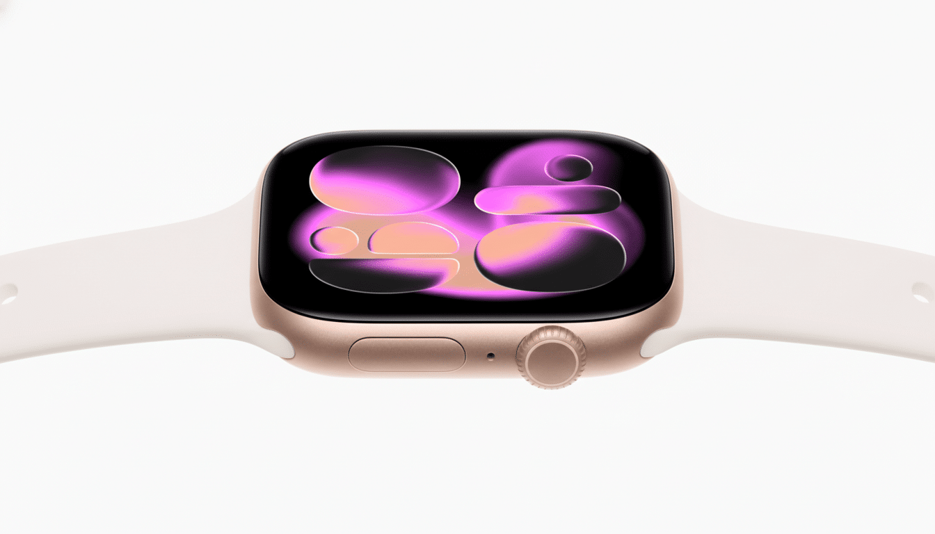 A close -up, high -angle shot of a rose gold Apple Watch with a white band, displaying an abstract pink and purple watch face, set against a clean whi