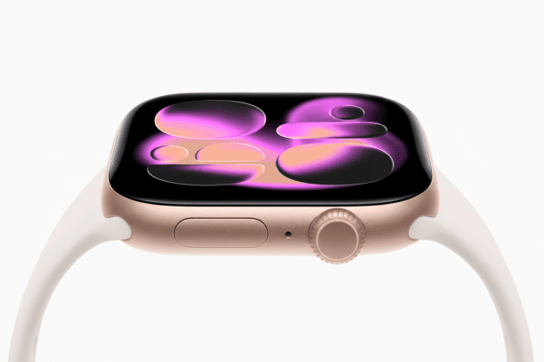 A close -up shot of a rose gold Apple Watch with a white band, showcasing a vibrant, abstract purple and orange watch face. The watch is presented pro