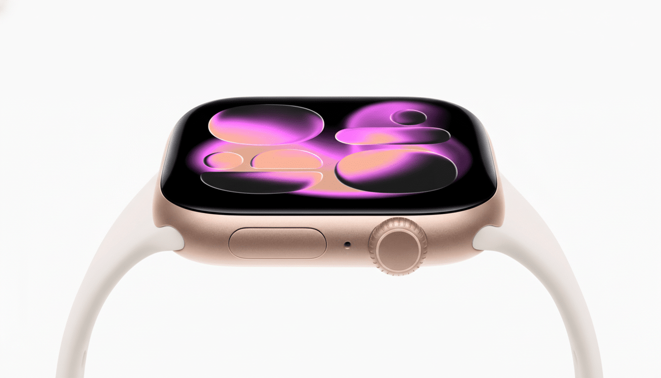 A close -up shot of a rose gold Apple Watch with a white band, showcasing a vibrant, abstract purple and orange watch face. The watch is presented pro