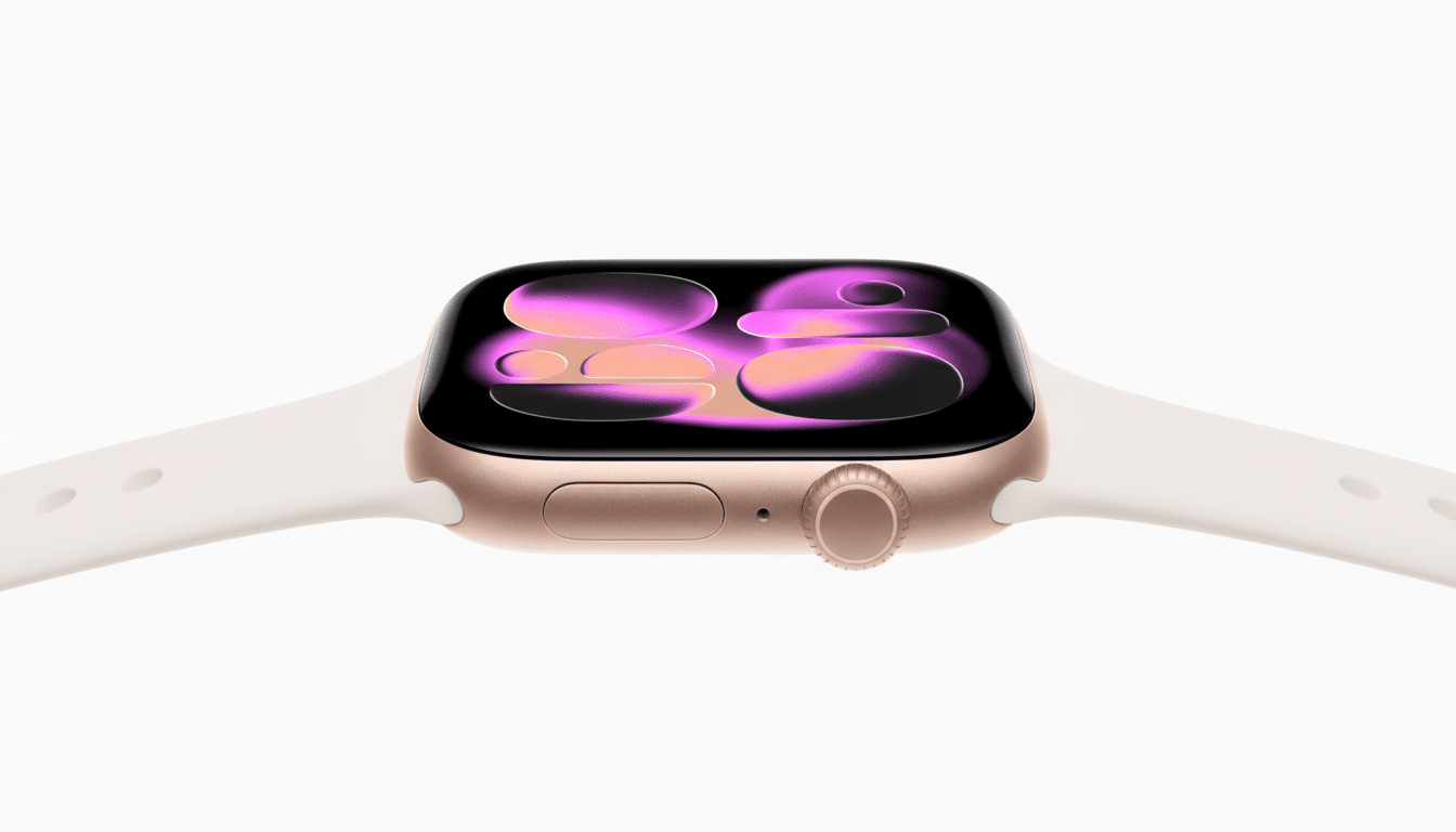 A close-up shot of a rose gold Apple Watch with a white band, displaying a colorful, abstract watch face.