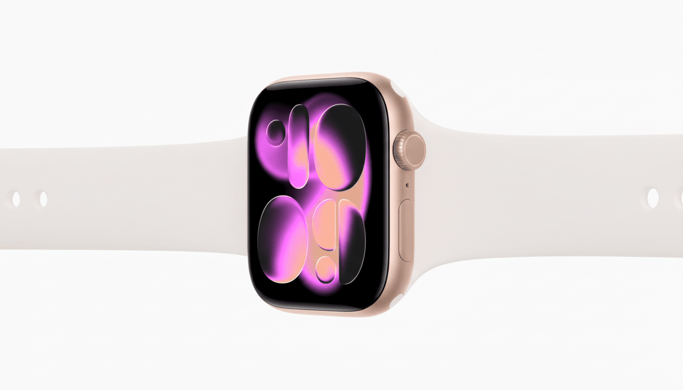 A rose gold Apple Watch with a white band, displaying a colorful, abstract watch face, set against a clean white background.