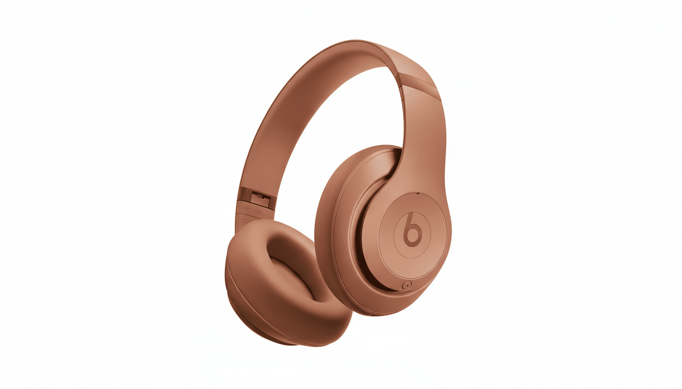 A professional shot of rose gold Beats Studio 3 headphones, resized to a 1 6:9 aspect ratio, maintaining the original white background. Filename : rosegold beatsstudio 3headphones  16x9 .png