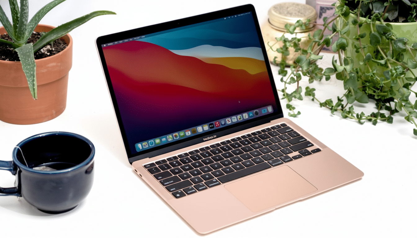 A rose gold MacBook Air laptop is open on a white surface with a dark blue mug to its left and various potted plants surrounding it. Filename : rosegold macbook airdesk .png