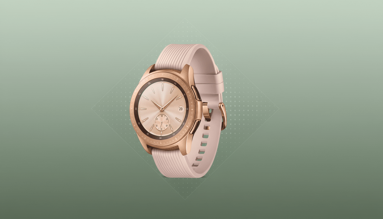 A rose gold smartwatch with a pink band , professionally presented against a soft green background with subtle geometric patterns. Filename : rosegold smartwatch professional .png