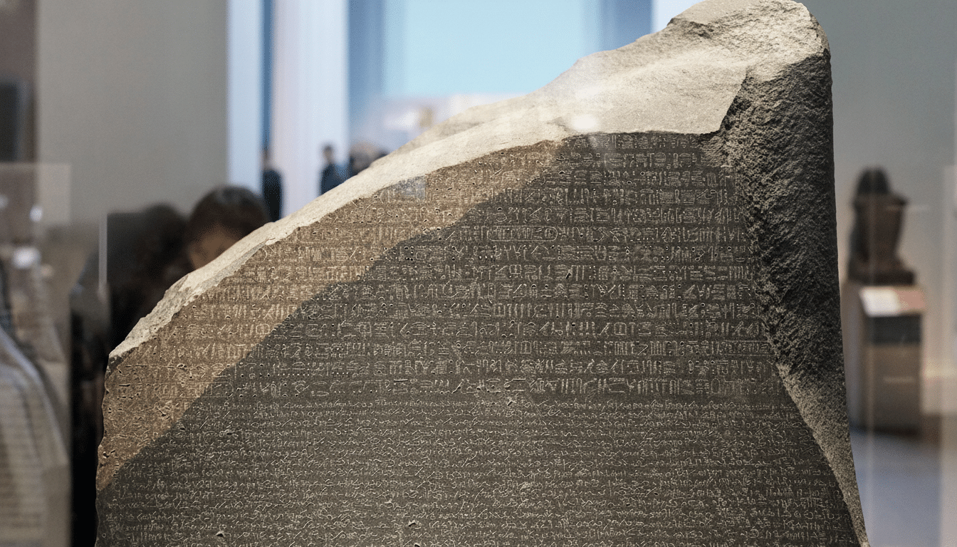 The Rosetta Stone, a dark gray gran odiorite ste le with ancient script , displayed in a museum setting with blurred human figures in the background. Filename : rosetta stonemuseum . png