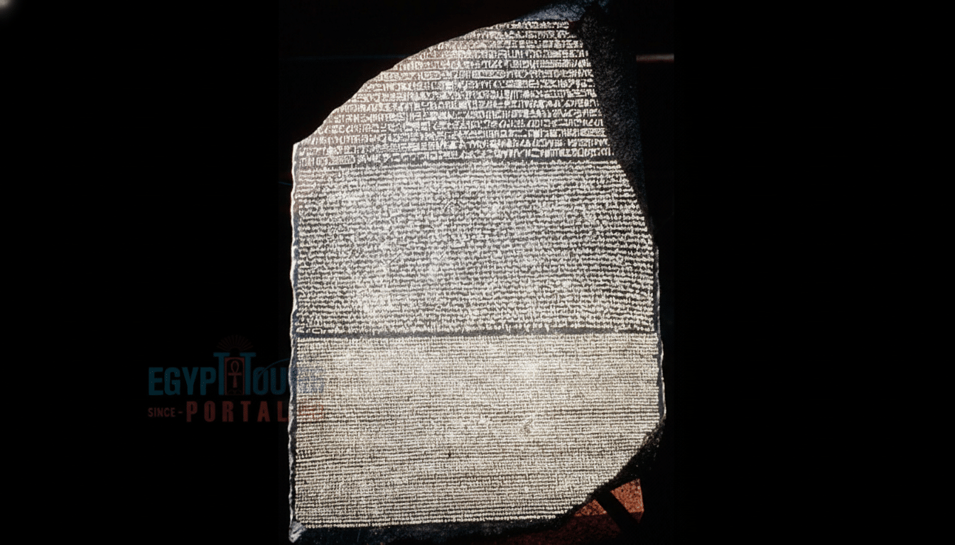 The Rosetta Stone, a dark gray slab with ancient hierogly phs, Demotic script , and Ancient Greek text visible on its surface. The stone is well -lit, highlighting the inscriptions against a deep black background, showcasing its historical significance.