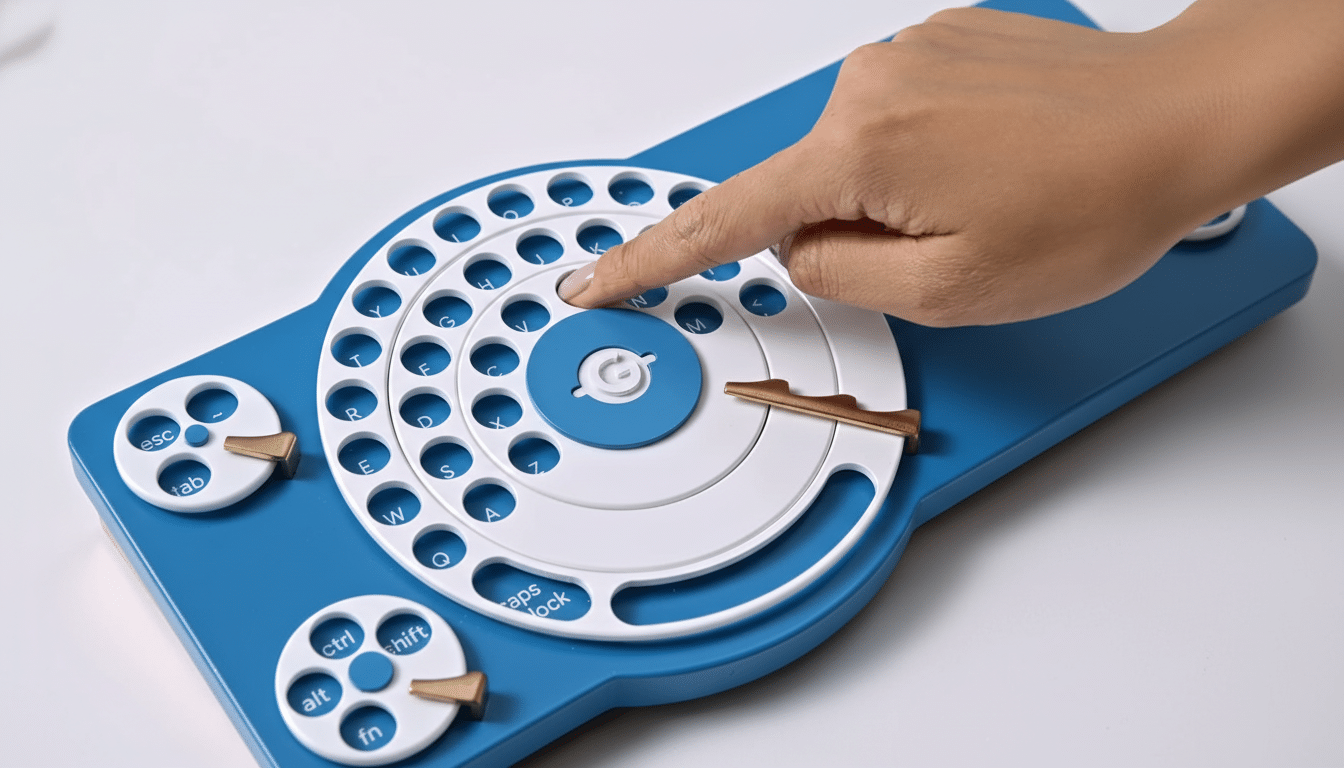 A hand interacts with a blue and white rotary keyboard, featuring a circular dial for letters and smaller dials for function keys like esc, tab, ctrl,