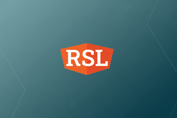 The RSL logo, featuring white RSL text on an orange hexagonal shield, is centered against a professional flat design background with soft blue - grey