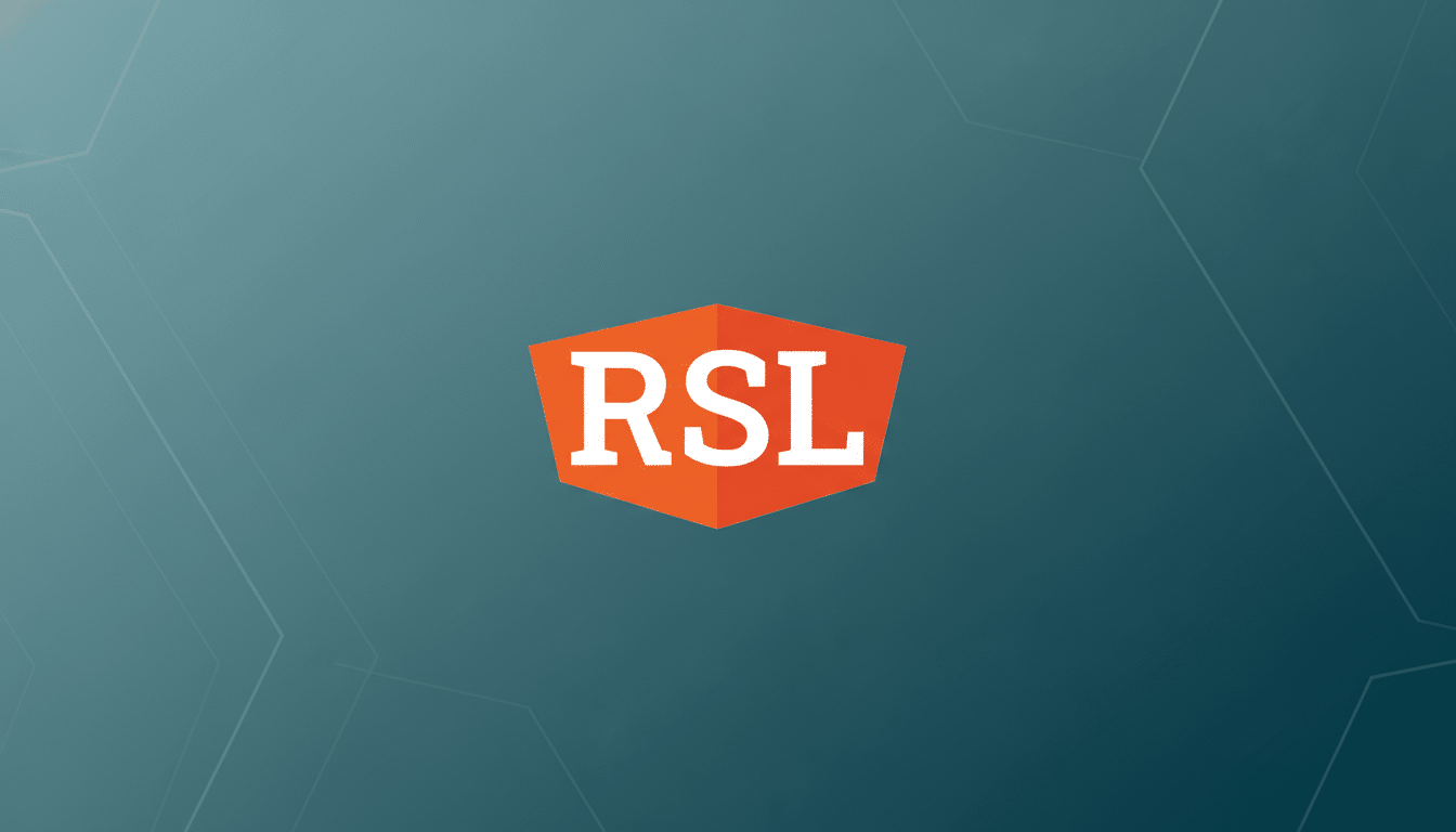 The RSL logo, featuring white RSL text on an orange hexagonal shield, is centered against a professional flat design background with soft blue - grey