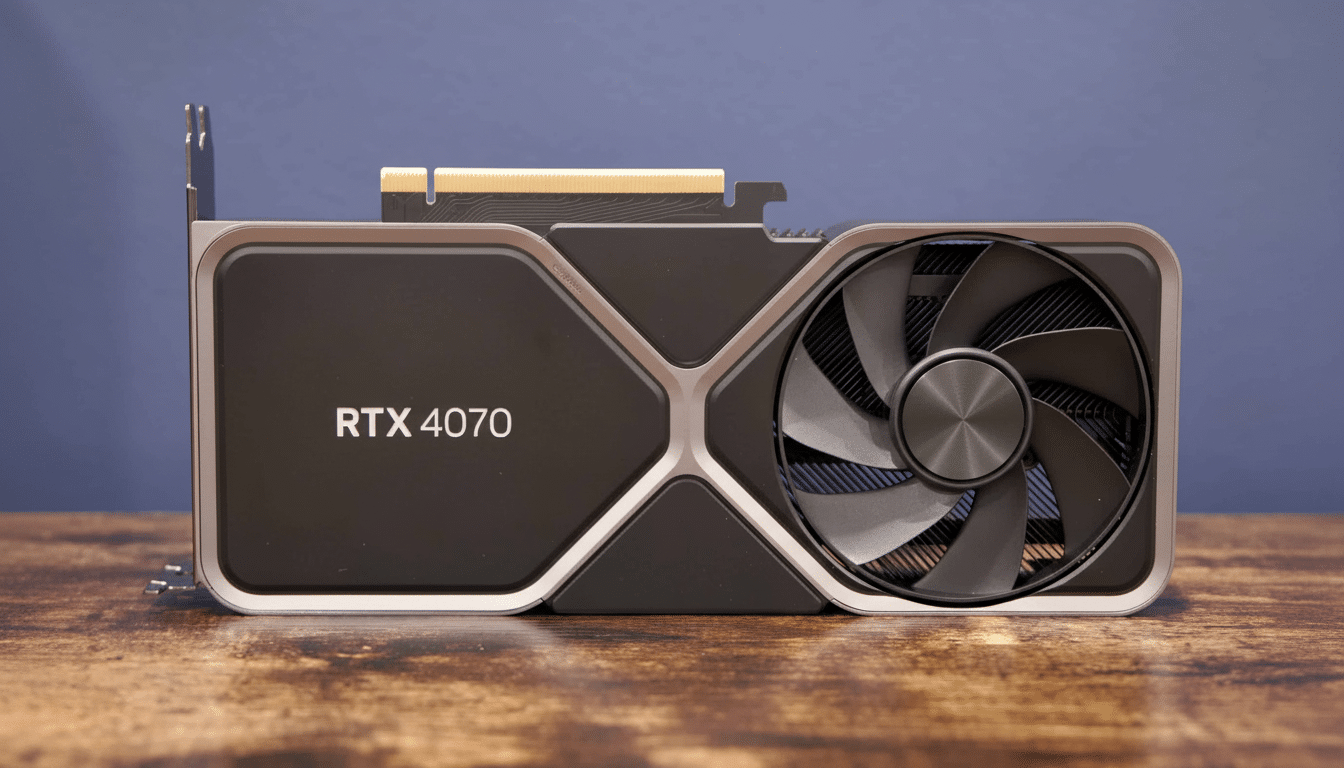An NVIDIA GeForce RTX 4 070 graphics card, featuring a sleek black design with silver accents and a single fan, resting on a wooden surface with a mut