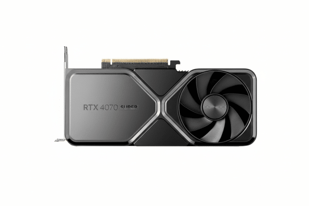 An RTX 407 0 Super graphics card with a clean , white background, presented professionally .