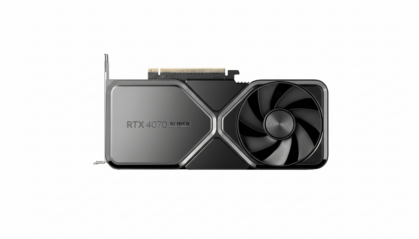 An RTX 407 0 Super graphics card with a clean , white background, presented professionally .