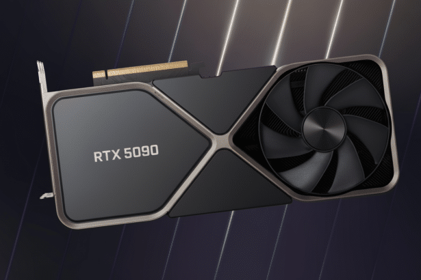 An RTX 509 0 graphics card with a dark gray casing, a large cooling fan, and RTX 5 090 text on its surface, set against a dark background with subtle glowing lines. Filename : rtx 5090 graphicscard .png