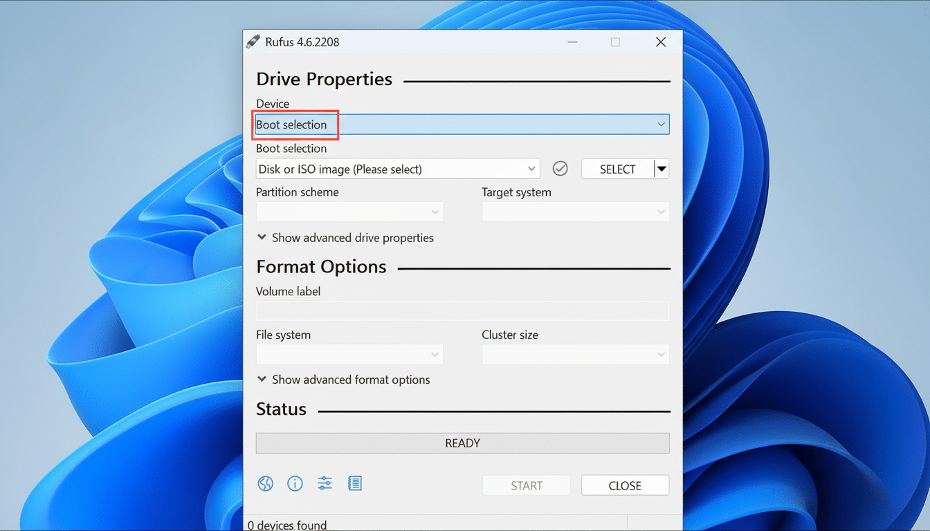Screenshot of the Rufus 4.6. 2208 application interface showing Drive Properties and Boot selection dropdown s, with the Boot selection dropdown highl