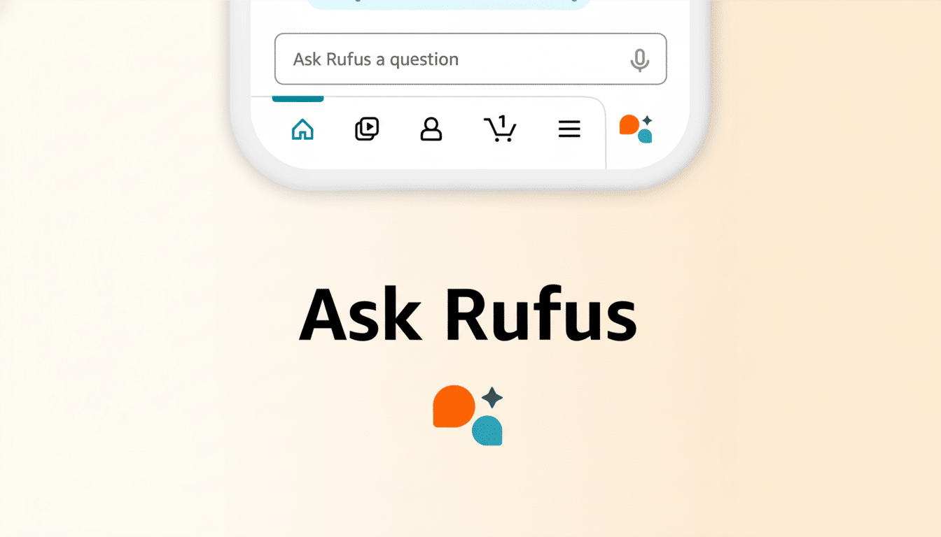 An app interface with a search bar that says Ask Rufus a question and the text Ask Rufus below it, accompanied by an orange and blue icon.