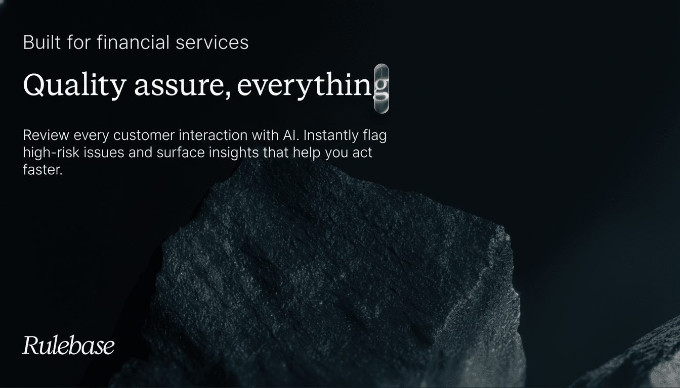 Rule base ad for financial services with text Built for financial services and Quality assure, everything above an image of dark, textured rock.