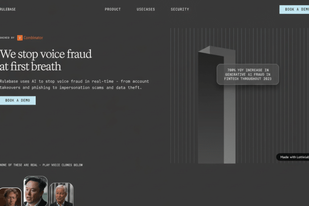 Rule base homepage with text We stop voice fraud at first breath and a graph showing a 7 88% Y OY increase in generative AI fraud.