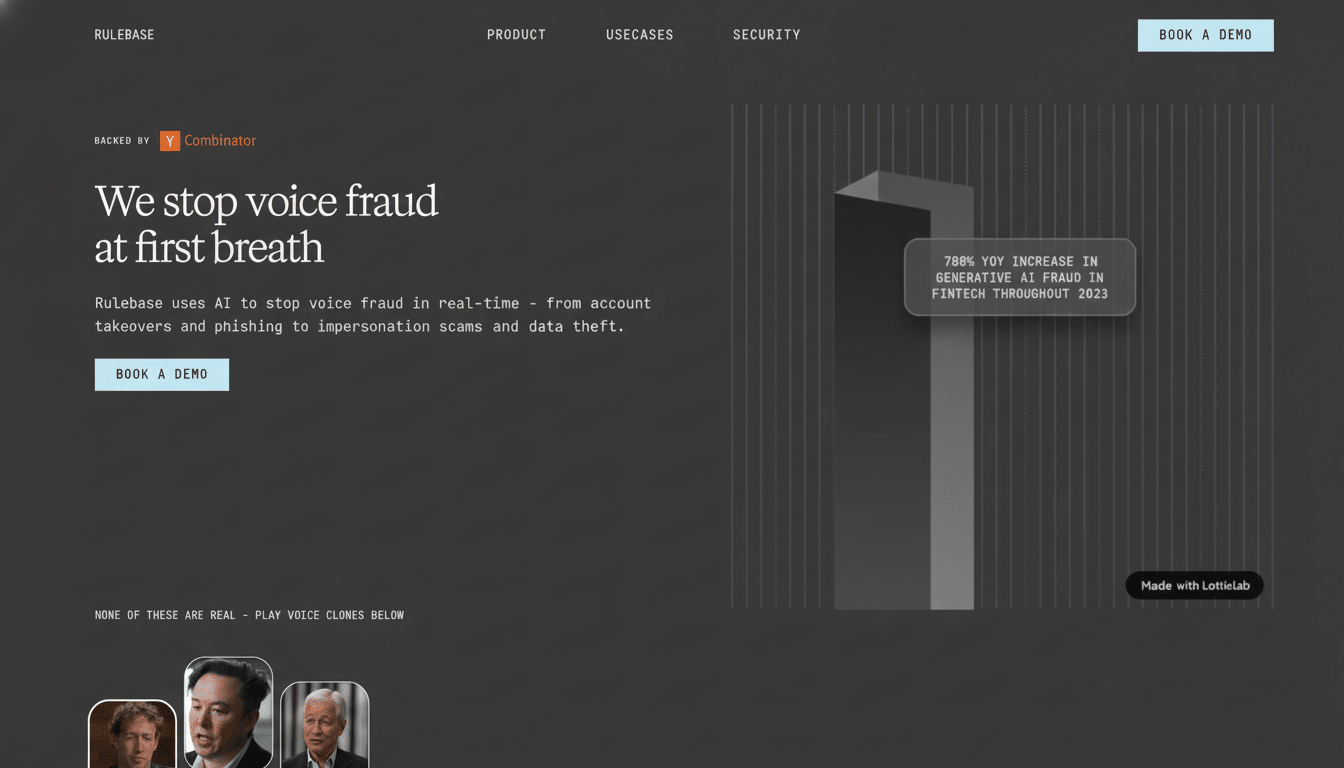 Rule base homepage with text We stop voice fraud at first breath and a graph showing a 7 88% Y OY increase in generative AI fraud.