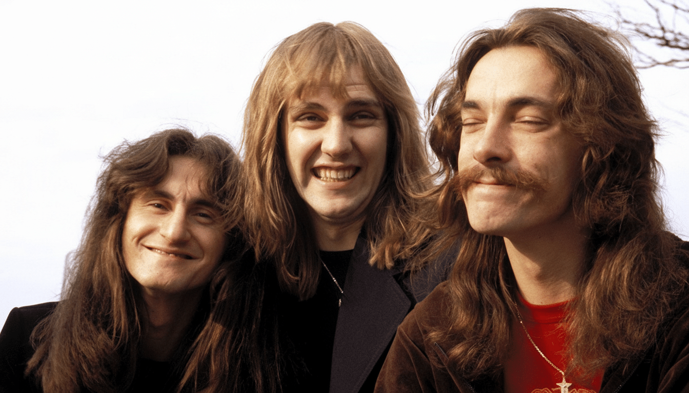 A professional, enhanced image of the rock band Rush ( G eddy Lee, Alex Lifeson, and Neil Pe art) with their original background, resized to a 16: 9 a