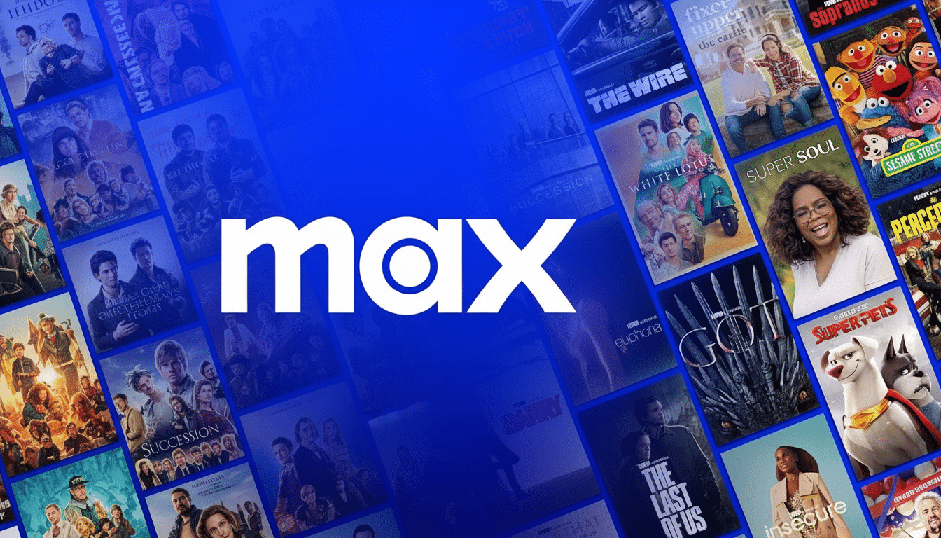 The Max streaming service logo in white against a blue background with a collage of various show and movie titles from the platform.