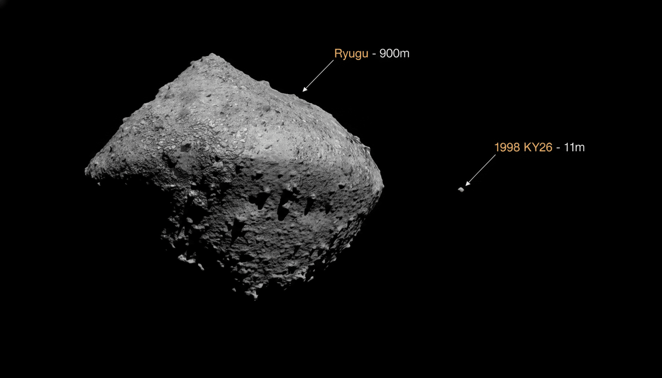 An image comparing the size of asteroid Ryugu, which is 90 0m across , with the much smaller asteroid 1 998 KY 26, which is 11 m across. Both asteroids are rocky and irregularly shaped, set against a black background. Filename : ryugu vs19 98ky 26comparison .png