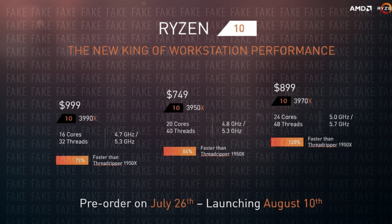 A promotional slide for AMD Ryzen 10 processors, showcasing three different models with their prices, core counts, thread counts, clock speeds, and performance comparisons to Threadripper 1950X. The background features repeating FAKE text.