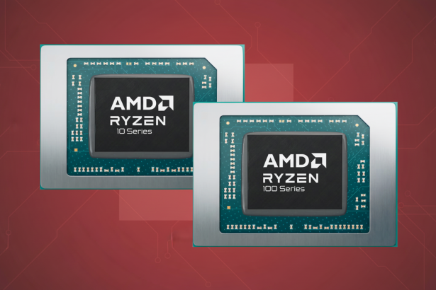 Two AMD Ryzen processors, one 10 Series and one 100 Series, are displayed on a professional flat design background with soft patterns.