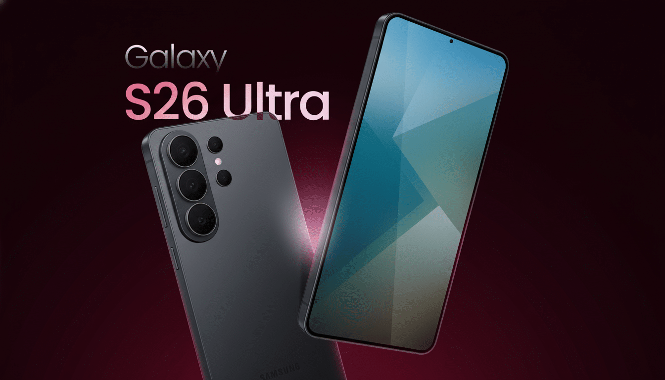 A professional product shot of two Samsung Galaxy S26 Ultra smartphones, one viewed from the back showing its camera array and the other from the fron