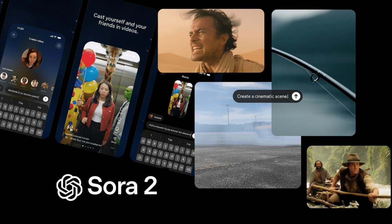 An image showing various cinematic scenes and app interfaces related to video editing, all under the Sora 2 logo, presented in a professional 16: 9 as