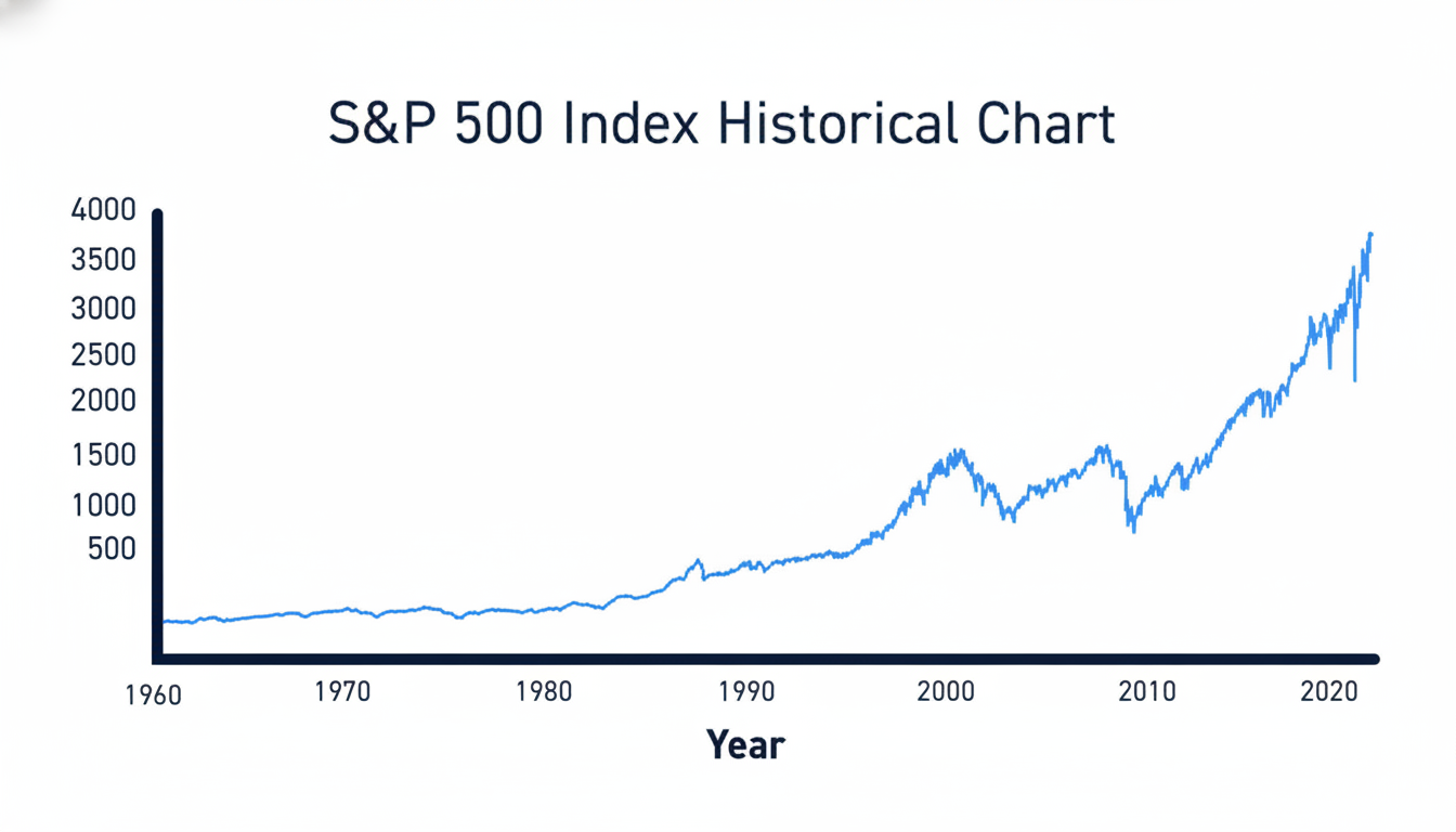A professional, enhanced S&P 500 Index Historical Chart, resized to a 16:9 aspect ratio, showing market growth from 1960 to 2020.