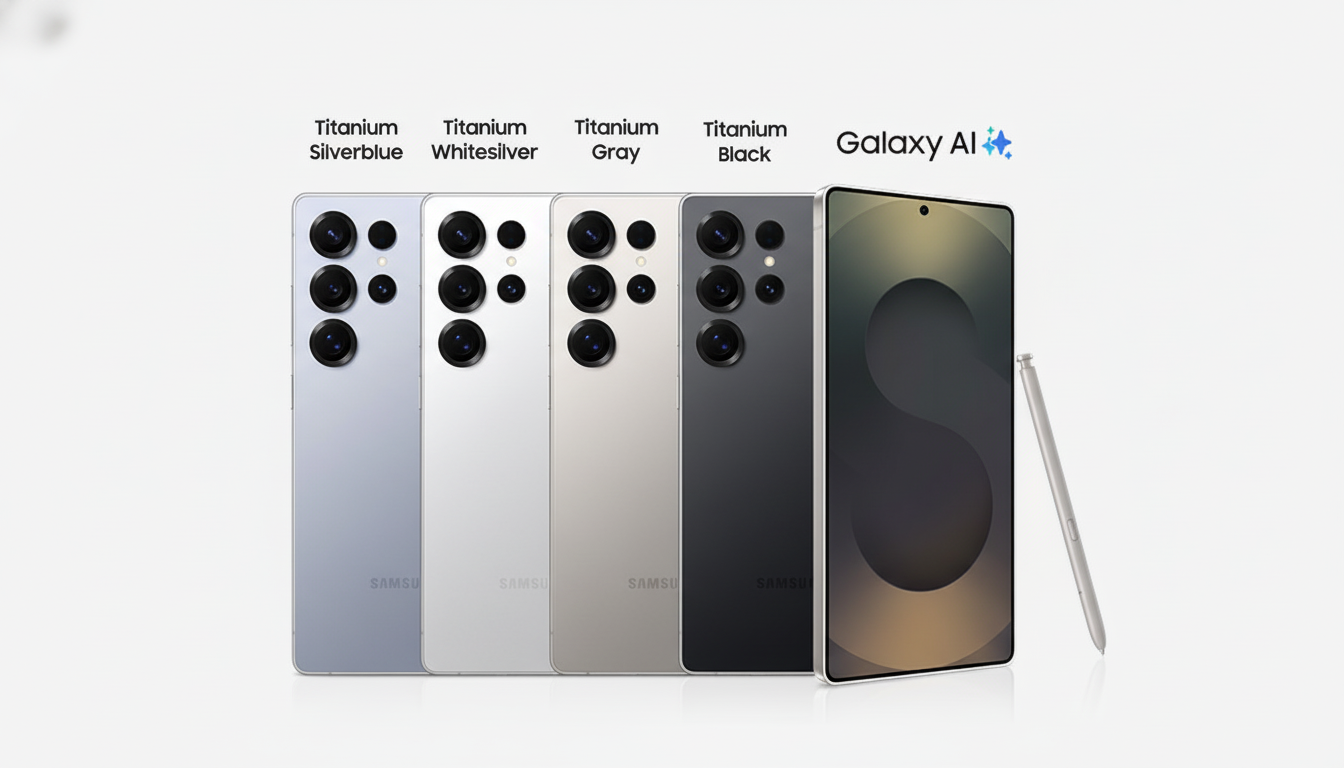 A professional image showcasing four Samsung Galaxy S24 Ultra phones in Titanium Silverblue, Titanium Whitesilver, Titanium Gray, and Titanium Black, alongside a single phone displaying a screen and an S Pen, all against a clean, light gray background with Galaxy AI text.