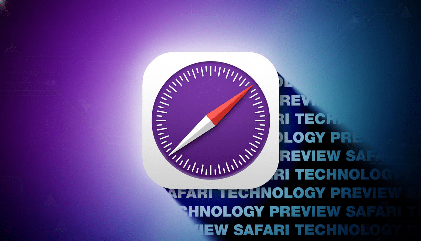 Fil text: A 16:9 aspect ratio image of the Safari Technology Preview icon , a purple compass on a wh