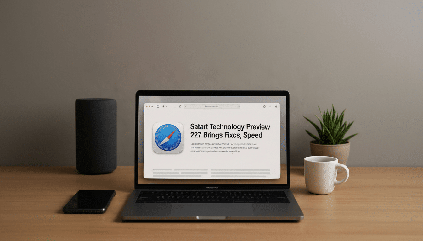 A professional shot of a laptop displaying Satart Technology Preview 2 27 Brings Fix cs, Speed with a compass icon, next to a black speaker, a smartphone , a white mug, and a small potted plant on a wooden desk. Filename : laptop withsaf aripreview. png