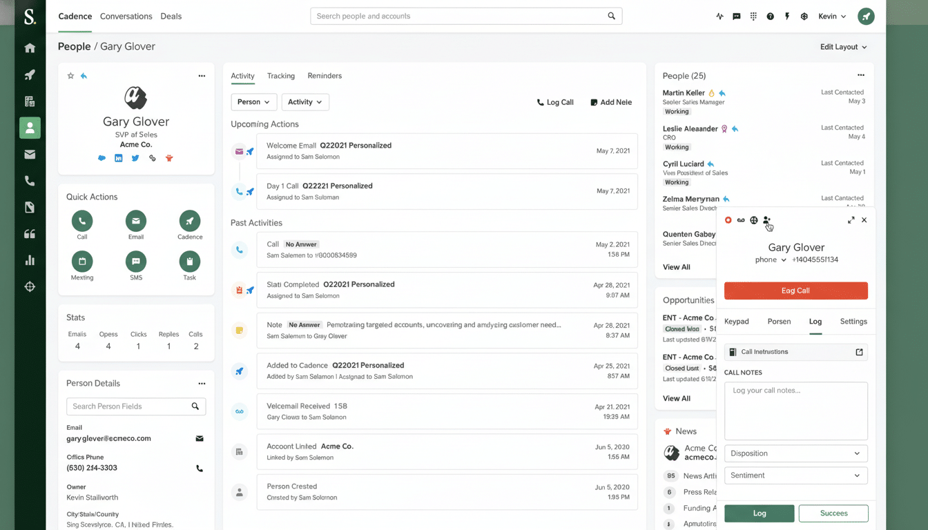Screenshot of a sales engagement platform showing a contact profile for Gary Glover, SVP of Sales at Acme Co., with activity history, quick actions, c