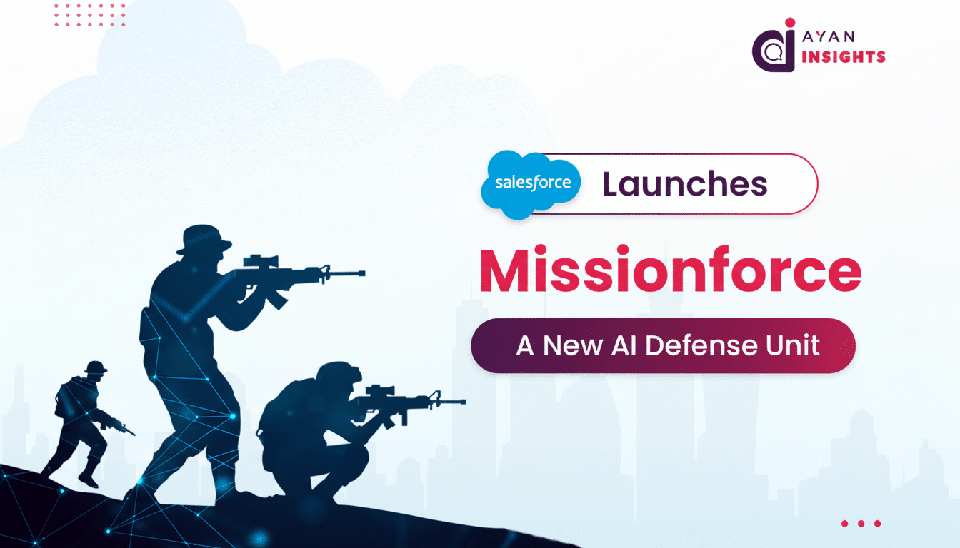 A banner announcing Salesforce launches Missionforce, a new AI defense unit. The image features silhouettes of soldiers in tactical gear, aiming rifle