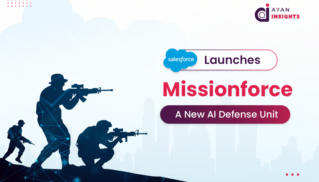 Salesforce launches Missionforce, a new AI defense unit, with a background of soldiers silhouettes and a cityscape.
