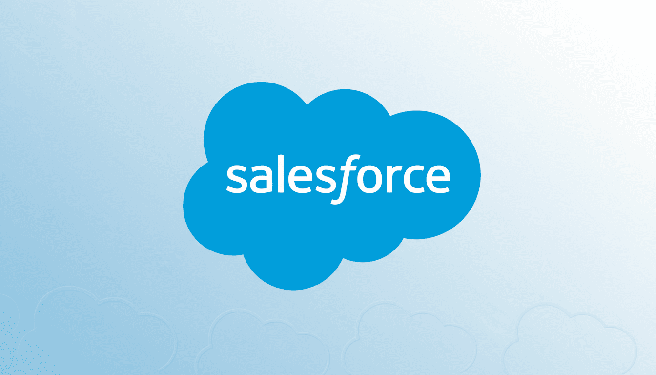 The Salesforce logo, a blue cloud with  salesforce written in white, centered on a light blue gradient background with subtle cloud patterns .