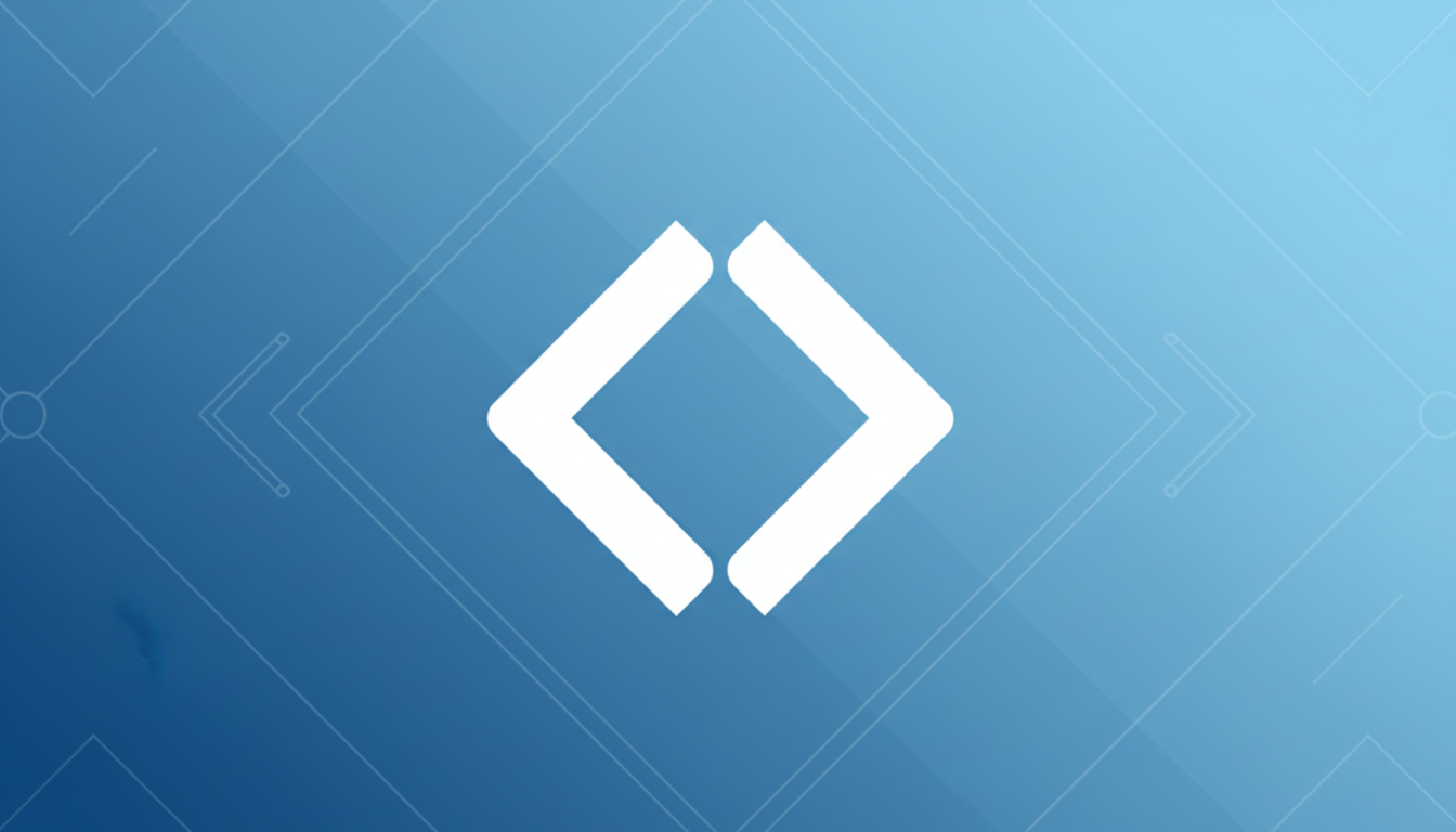A white icon resembling two angular brackets facing each other, forming a diamond shape in the center, set against a professional blue gradient background with subtle geometric patterns.