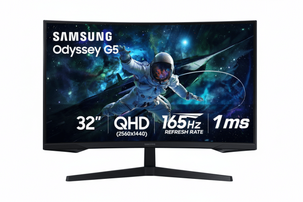A professional , enhanced image of the Samsung Odyssey G5 3 2-inch curved gaming monitor, resized to a 16 :9 aspect ratio . The screen displays an astronaut floating in space with 32 QHD 1 65Hz 1ms text . The monitor has a sleek black design with a sturdy stand , set against a clean white background.
