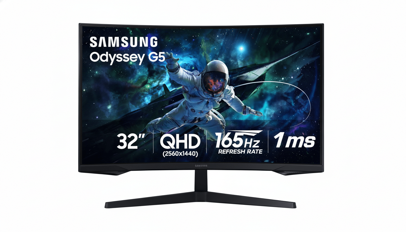 A professional , enhanced image of the Samsung Odyssey G5 3 2-inch curved gaming monitor, resized to a 16 :9 aspect ratio . The screen displays an astronaut floating in space with 32 QHD 1 65Hz 1ms text . The monitor has a sleek black design with a sturdy stand , set against a clean white background.