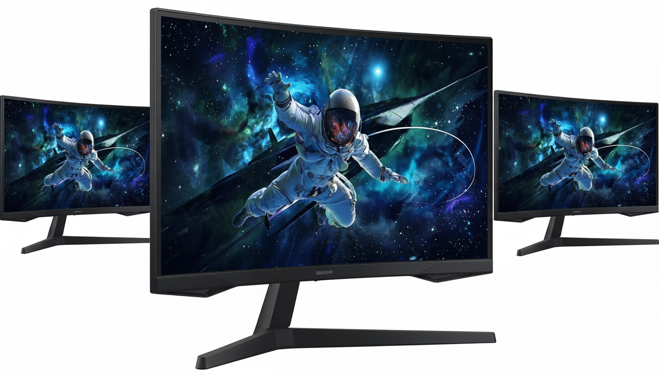 Three Samsung Odyssey G5 curved gaming monitors are displayed , with the central monitor showing a vibrant space scene featuring an astronaut and a sleek spacecraft. The monitors are black with thin bezels and a sturdy stand.